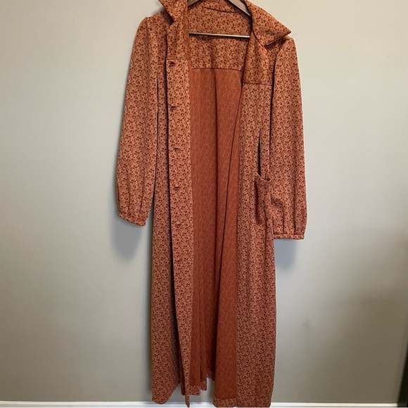 Vintage 50s 60s Orange Rust Floral Print Dress Coat Size XL - Picture 2 of 11